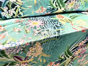 Disco Stretch Spandex Jersey Fabric, Per Metre - Jungle Flowers & Animal - Mint - Picture 1 of 3