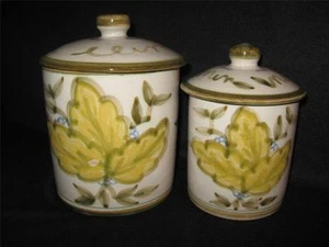 JOHN B. TAYLOR YELLOW LEAVES PATTERNED STONEWARE 2 PIECE CANISTER SET WITH LIDS - Picture 1 of 1
