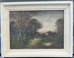 Altes kleineres Ölgemälde: Junge Frau beim Spaziergang vor dem Waldhaus um 1920 - Bild 1 von 3