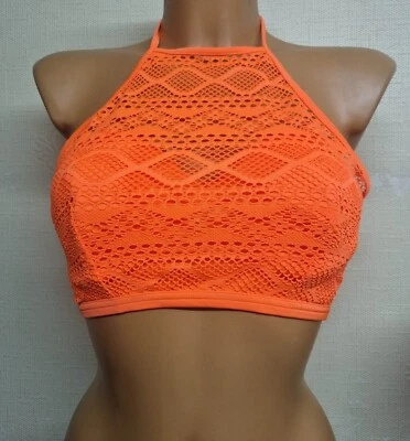 Freya Sundance Bikini Top 30F Orange Fizz Crochet High Halter Crop Padded 3973 - Image 1 of 4