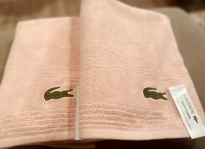 NWT LACOSTE LIGHT PINK Cotton Bath Towels 30"x 52" Big Crocodile Logo Set Of 2 - Image 1 of 4