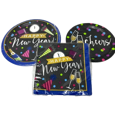 New Years Eve Cheers Happy Cocktail Holiday Party Paper  Plates Napkins Serves 8 - Image 1 of 4