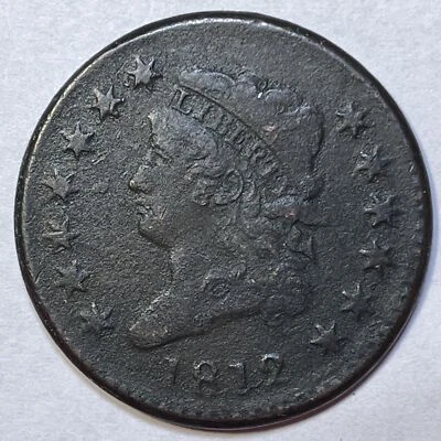 Moneda de centavo grande con cabeza clásica de fecha pequeña de 1812 muy fina en estado bastante bueno, corrosión #20548 Foto 1 de 4
