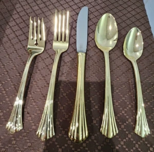 International 24k gold electroplate 5pc Place Setting Knife Forks Spoons 1800 - Picture 1 of 17