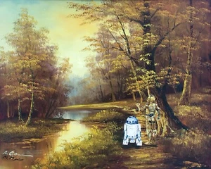 R2-D2 C-3PO Forest star wars art print poster upcycled thrift store painting - Picture 1 of 2