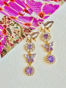 Purple Butterfly Flower Sparkling Crystal Long Drop Pierced Earrings Women Her - Picture 1 of 5