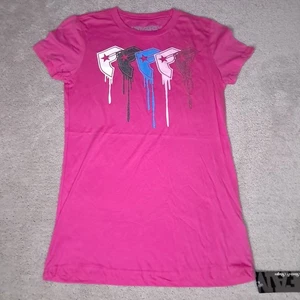 Vtg Y2k Famous Stars & Straps T-shirt Teen Girls Medium Pink Glitter Logo Drip - Picture 1 of 9