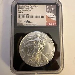 2020 W SILVER EAGLE FIRST DAY OF ISSUE NGC MS70 JOHN MERCANTI FLAG LABEL - Picture 1 of 5