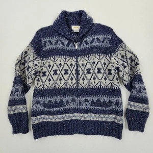TALBOTS Cardigan Wool Full Zip Fair Isle Islandic Nordic Blue Gray Sweater Sz L - Picture 1 of 16