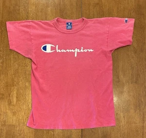 Vintage 90s Champion Spellout Pink T-Shirt Made In USA Youth XL 18-20 - Picture 1 of 7