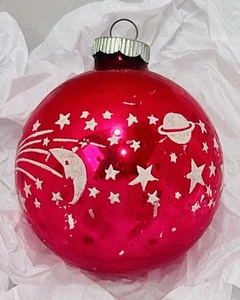 Vintage Red Stencil Shiny Brite Moon Stars Saturn Space Glass Christmas Ornament - Picture 1 of 8