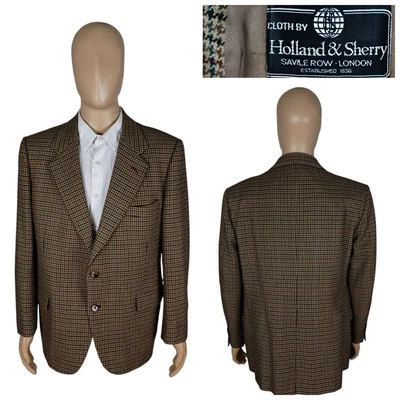 复古 Holland & Sherry 棕色千鸟格粗花呢法兰绒羊毛运动外套 44R — 第 1/4 张图片