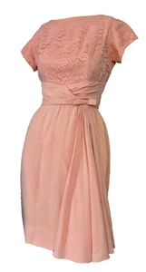 Vintage 1960s Party Dress Pink Chiffon and Lace "Femme Fashions" Made in USA - Picture 1 of 10