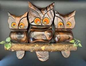 Vintage Wood Carved Owls Branch Wall Art 1970s MCM Kitschy Nature - Picture 1 of 8