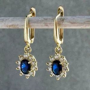 2Ct Oval Cut Simulated Sapphire Halo Drop Dangle Earrings 14k Yellow Gold Plated - Picture 1 of 5