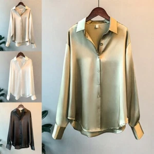 Ladies Shirts Lapel Neck Blouse Womens Long Sleeve Holiday Loose Tops Satin Silk - Picture 1 of 20