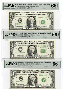 Serial Run (3) 1995 $1 Federal Reserv Notes PMG 66 EPQ Choice Unc Cleveland K75 - Bild 1 von 2