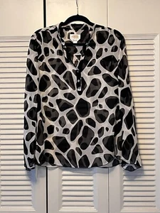 TALBOTS Long Sleeve Sheer Pure Silk Blouse Black & White Top Size 12 - Picture 1 of 5