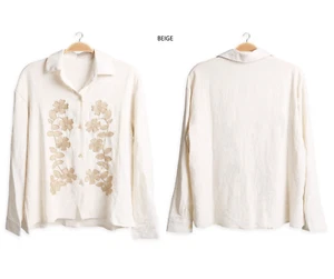 ComfyLuxe Floral Pattern Embroidered Linen Long Sleeved Buttoned Shirt - Picture 1 of 5