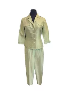 Green Checkered 2 Piece Silk Pant Suit Size Petite 4  - Picture 1 of 4