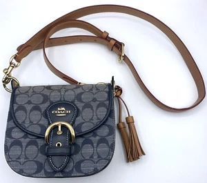 Coach Denim Signature Kleo Shoulder Bag Blue Tan Brown C8512 Purse - Picture 1 of 11