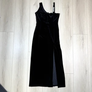 VTG Tee Club Black Velvet Gown M Rhinestone Strap Slit Dress USA Made 90s Glam - Picture 1 of 9