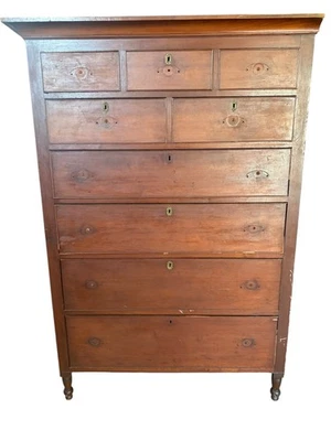 Antique PA SHERATON  cherry tall chest dresser 1810 old surface project 9 drawer - Image 1 of 4