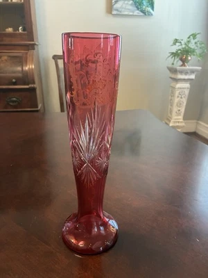 Antique Cut to Clear Cranberry Glass Vase Gold Gilt Tall 11 1/2" - Image 1 of 4