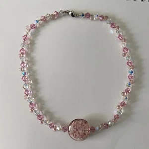 Pink Beaded Necklace w/ Murano Style Glass Focal Bead Crystal & Pearl Accents - Picture 1 of 3