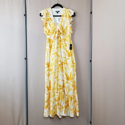 Vestido Express Talla Pequeña Mezcla de Lino Maxi Amarillo Volantes Tropical Resort Crucero Foto 1 de 4