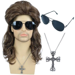 80s Brown Mullet Wigs for Men with Glasses and Cross Necklace - Retro 80s Fas... - Picture 1 of 5