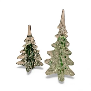 Vintage Silvesti Kunst Glas grünes Band Weihnachtsbäume 1970er schwer 8" & 6" - Bild 1 von 4