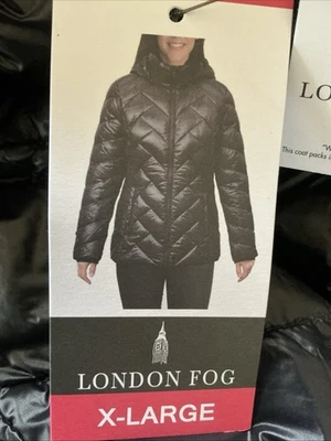 London Fog Womens Lightweight Packable Down Hooded Jacket Black X-Large - Image 1 of 3