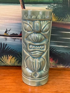 Vtg Tiki Ceramic Mug Green Crown Warrior Face 12 oz Orchids of Hawaii Vase Cup - Picture 1 of 23