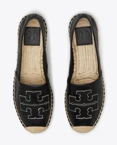 Tory Burch Ines Alpargata Cuero Plano Negro Plata Zapatos EE. UU. 8 NUEVO EN CAJA - Imagen 1 de 15