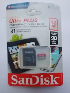 Sandisk 32GB Ultra Plus Micro SDHC UHS-1 Card with Adapter speed up to 98 mb/sec - Picture 1 of 2