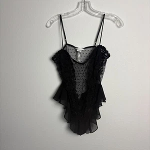 Flora Nikrooz Sheer Black Floral Lace Bodysuit Med Ruffle Adj Straps Polka Dot - Picture 1 of 10