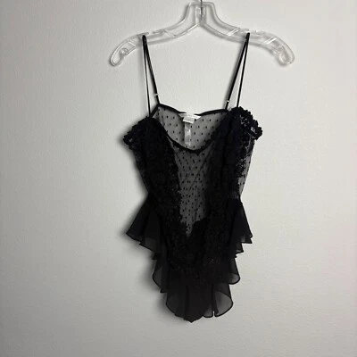 Flora Nikrooz Sheer Black Floral Lace Bodysuit Med Ruffle Adj Straps Polka Dot - Image 1 of 4