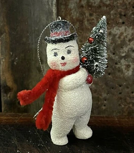 Paper Mache Frosty Snowman Vintage Style Mica Snow w Bottle Brush Tree Ornament - Picture 1 of 8