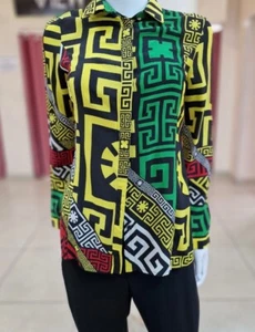 Versace Multicolor Geometric Greek Print Chiffon Silk Shirt, size 42 - Picture 1 of 10