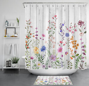 Colorful Wildflower on Vintage Grey Wood Shower Curtain Set for Bathroom Decor