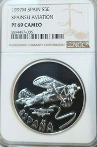 1997 SPAIN SILVER 5 EURO S5E SPANISH AVIATION NGC PF 69 CAMEO SCARCE TOP POP - Picture 1 of 3