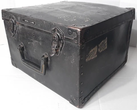 Antique Train Travel Black Metal Case Salesman Retail Lines Cover