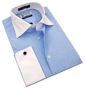 Labiyeur Slim Fit Blue White Pinstripe Contrasted Collar French Cuff Dress Shirt - Picture 1 of 5