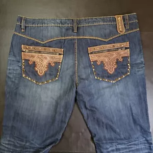 Pantalones de mezclilla antiguos para hombre talla 46 reales 48 x 34 bolsillos con cremallera tachona lavado oscuro - Imagen 1 de 6