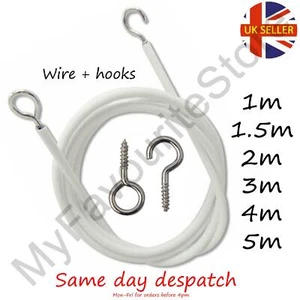 Net Curtain Wire Window White Cord Inc. Hooks & Eyes - 1m, 1.5m, 2m, 3m, 4m, 5m - Picture 1 of 9