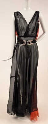 ART DECO 1930’S BLACK + ORANGE SILK CHIFFON DRESS W RHINESTONE ENCRUSTED RINGS - Image 1 of 4