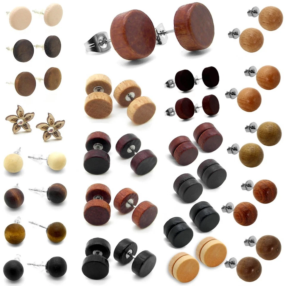 1 Paar Holz Ohrstecker Fakeplugs Ohrringe Perle Holzschmuck Beige Braun Schwarz - Bild 1 von 1