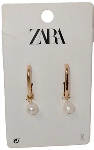 Zara Gold Tone Rectangular Hoop Fresh Water Pearl Dangle Earrings - Picture 1 of 6