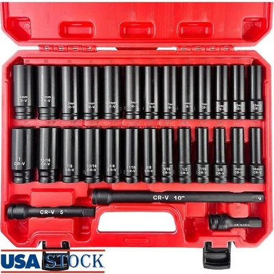 29pcs Socket Set Chrome Vanadium Steel Metric SAE Corrosion Resistant Tools New - Image 1 of 4